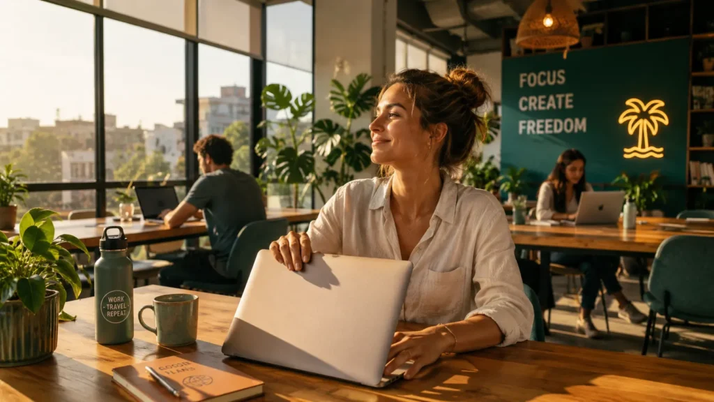 A digital nomad smiling as they close their laptop at a co-working space — a visual reminder that setting hard stops is the foundation of sustainable remote work.