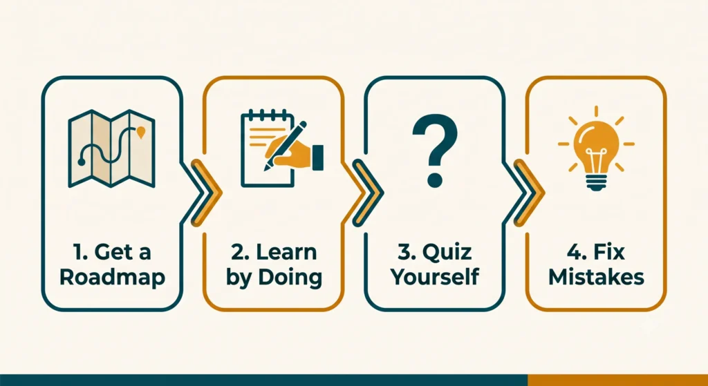 A clean, modern infographic showing a four-step horizontal flow: "1. Get a Roadmap → 2. Learn by Doing → 3. Quiz Yourself → 4. Fix Mistakes."