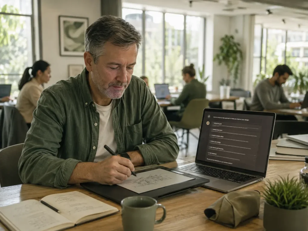 A man in his 50s sits at a communal table in a bright coworking space, sketching on a graphics tablet